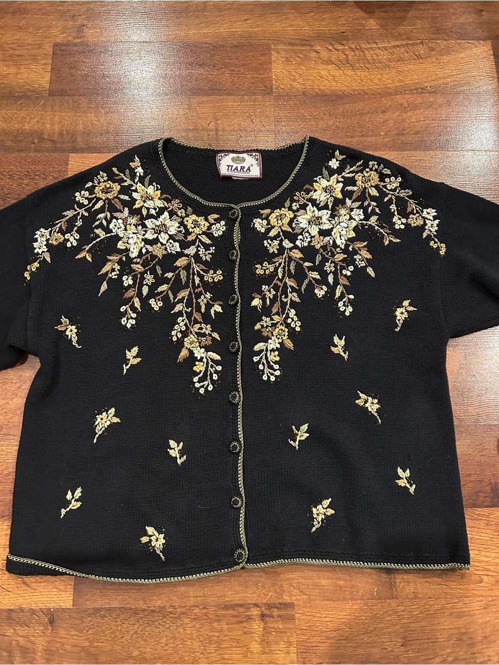 Tiara International Cardigan Black Sweater Embroidered Floral XL Cottagecore